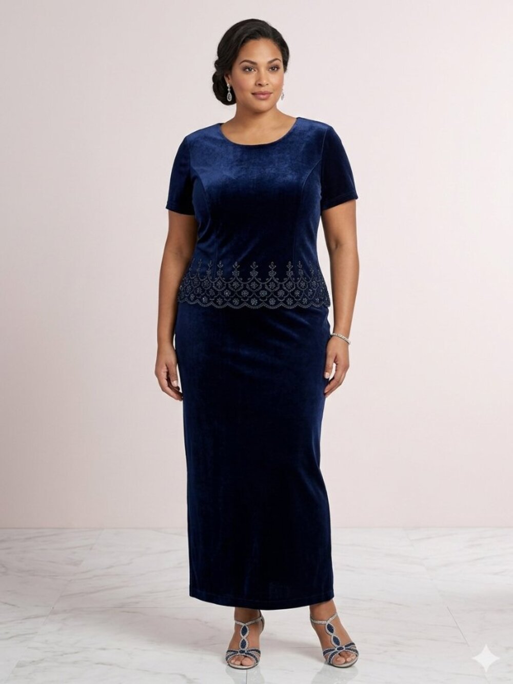 R&M Richards Navy Velvet Formal Maxi Dress Beaded Details Size 18 Worn Once